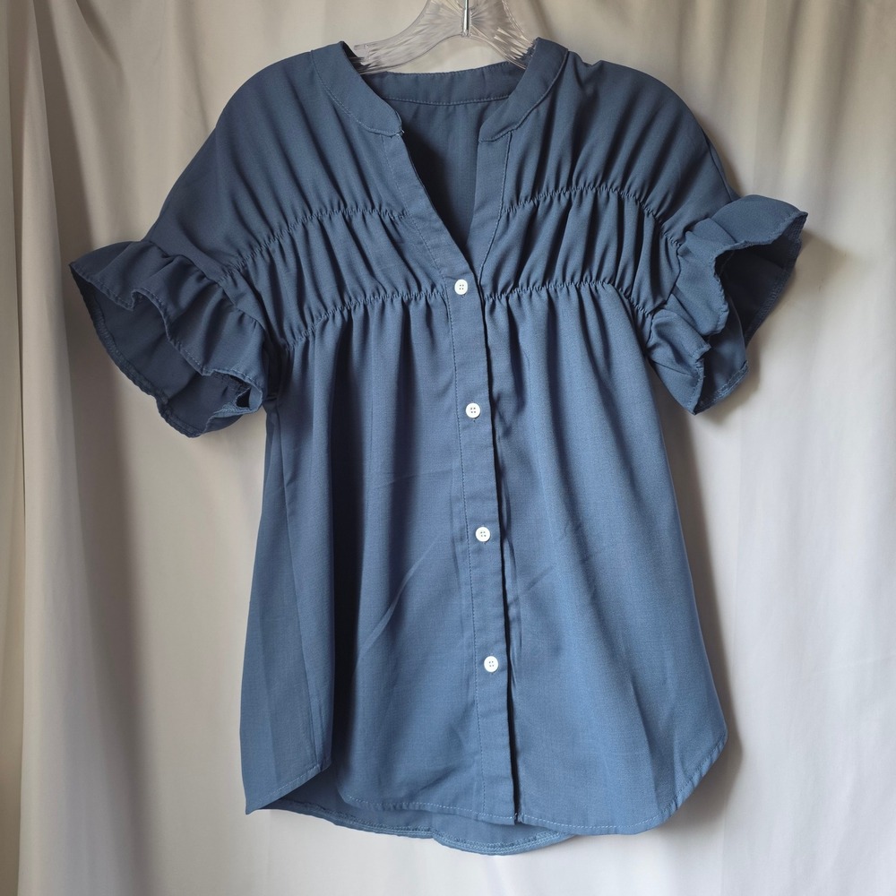 SHEIN Blue Smocked Waist Ruffle Sleeve Button Down Blouse Top Size Medium